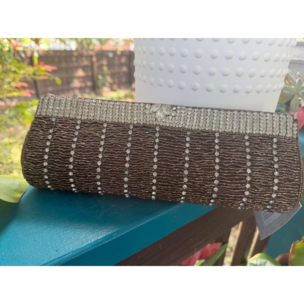 Beaded evening Brown Clutch with Rhinestones NOS